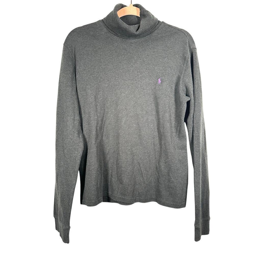 RALPH LAUREN Gray Cotton Purple Logo Turtleneck Top Knit - Women’s Sz XL
